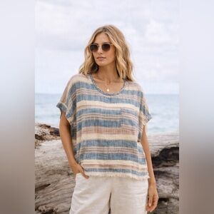 Bob Timberlake Striped Linen Blend Boxy Coastal Raw Hem Top~Blue/Pink ~ Size XXL